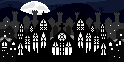 Pixel-art moonlit Halloween village with haunted houses
