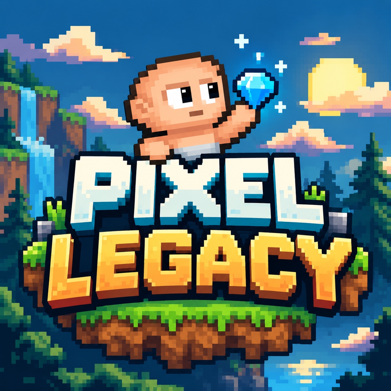 Pixel Legacy artwork: a character holding a blue gem above a floating island and the game's gold and white logo